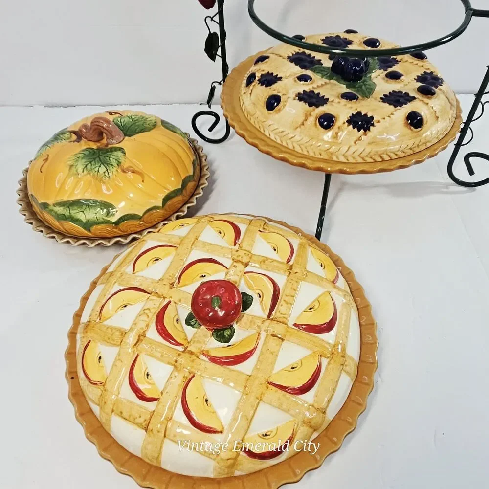 Vtg 3 Tier Iron Serving Stand Ceramic Decorative Covered 3D Pie Keeper Apples